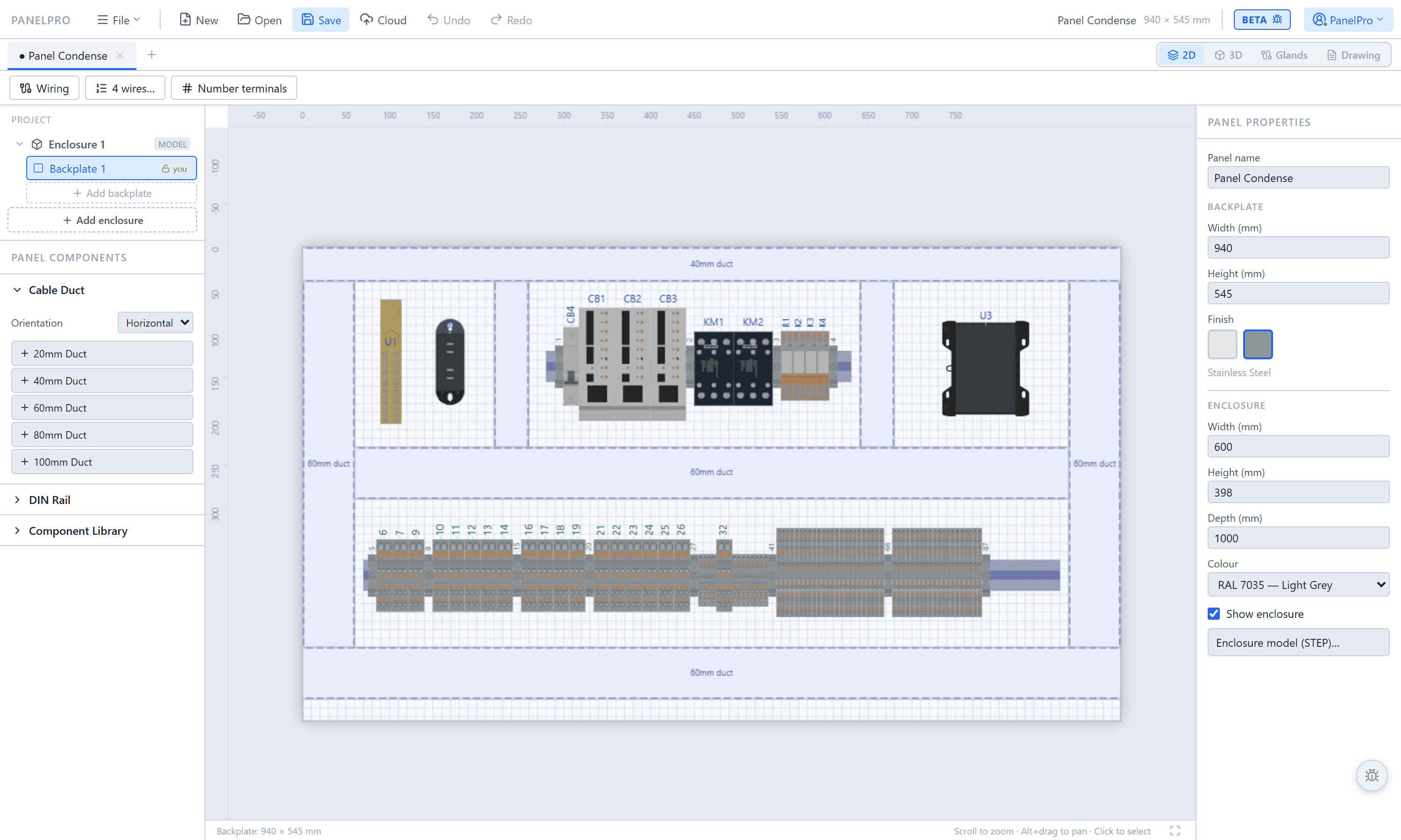 2D control panel layout drawing with components snapped to DIN rail and duct
