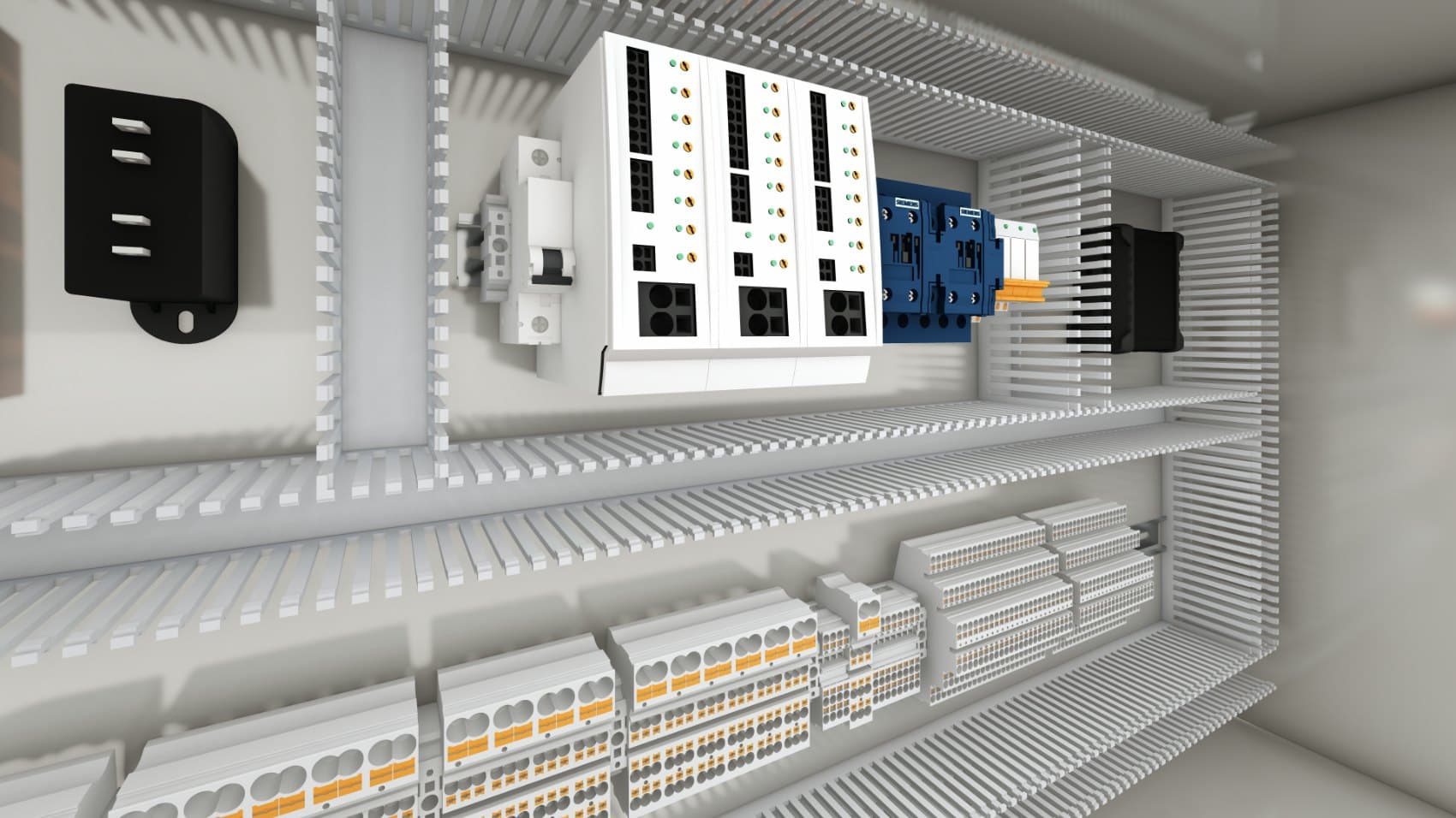Close detail of terminals and wiring inside a control panel