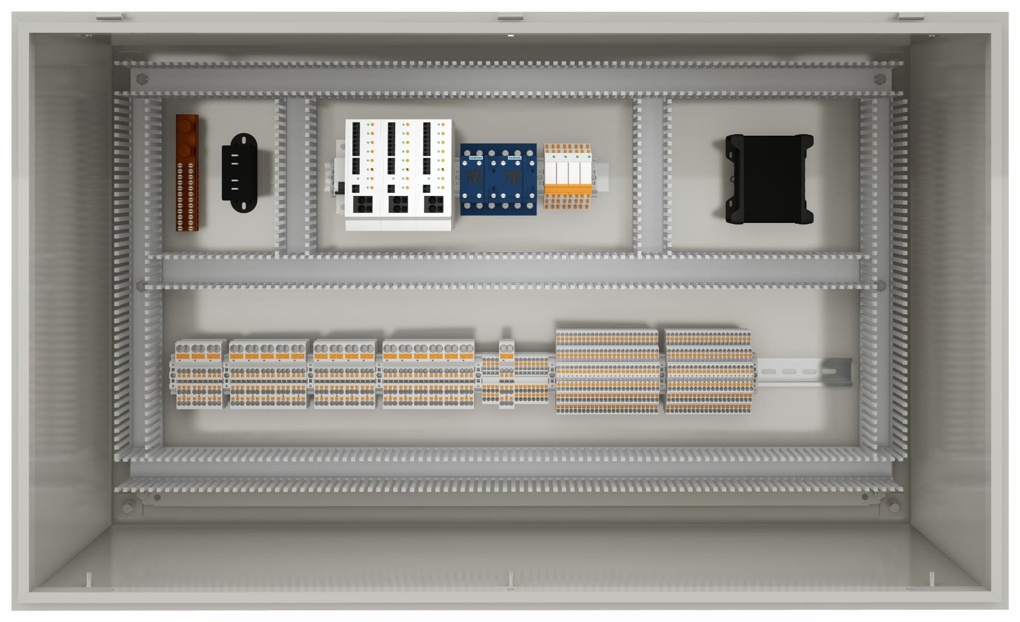 Front view of a completed industrial control panel