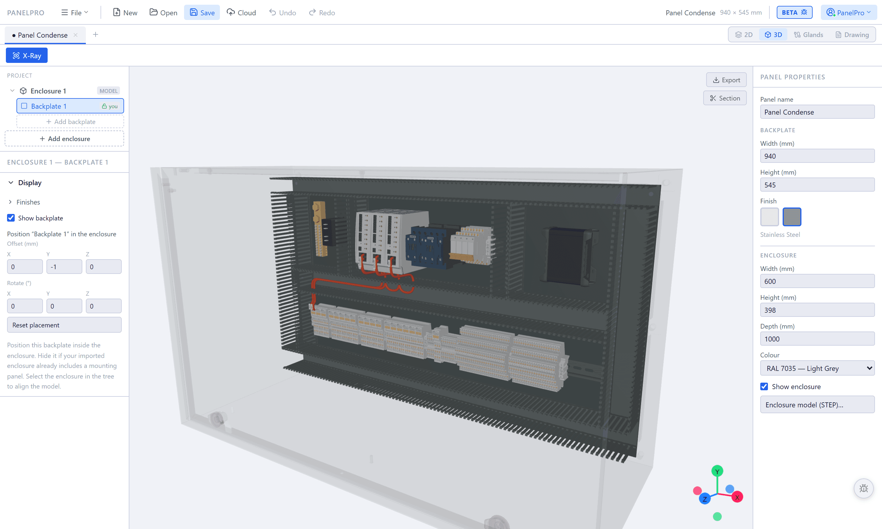 3D render of a control panel with components mounted on DIN rail and slotted duct