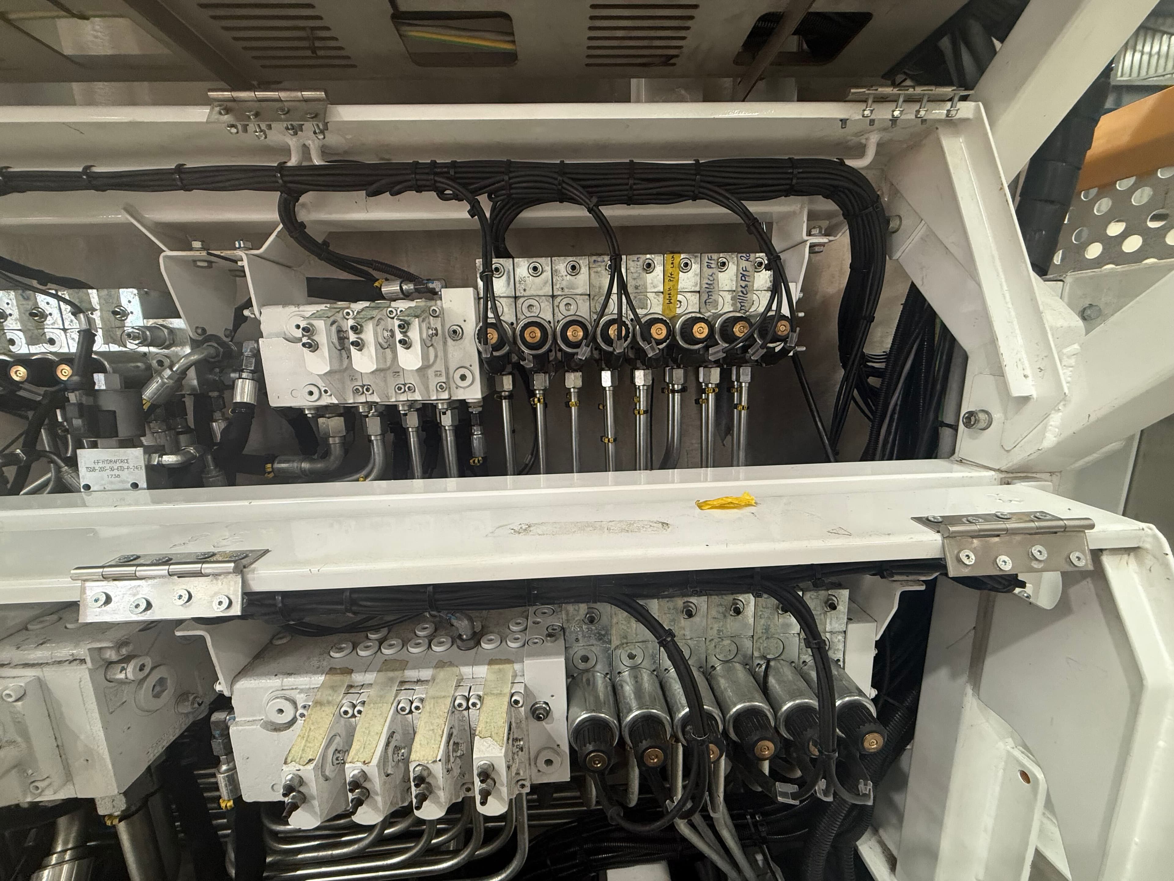 Hydraulic valve banks with solenoid coils and loomed cabling on a rig control assembly